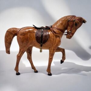 Vintage Leather Wrapped Horse With Saddle And Reins 8 Inch Tall Standing Mare